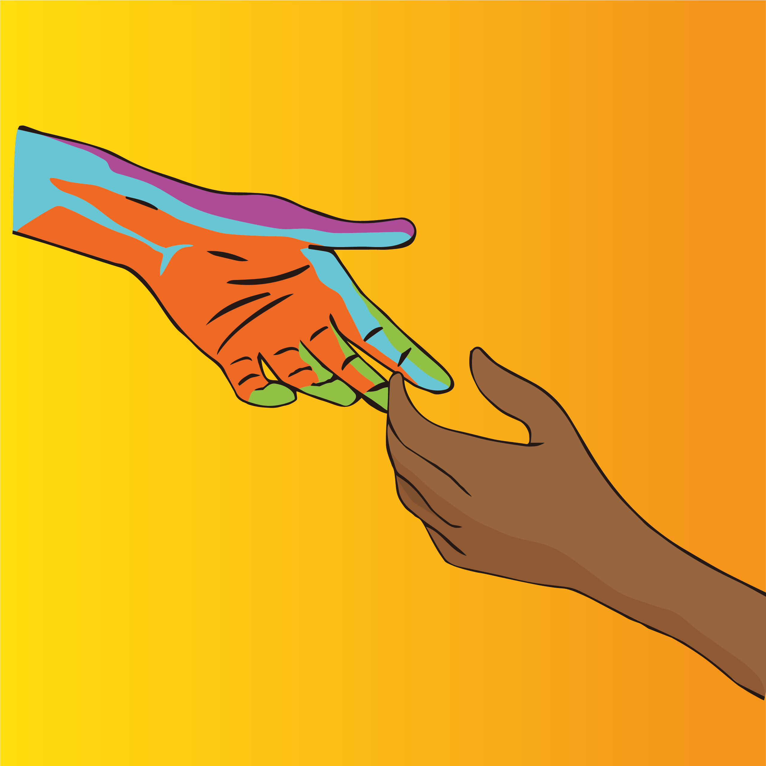 El Telar Universal mapping artwork showing illustrated hands connecting over a vibrant warm background